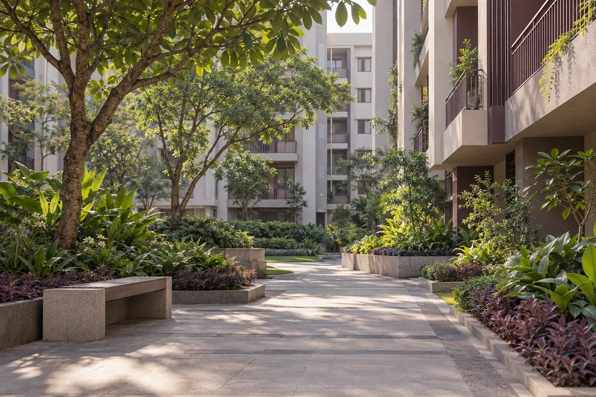 A tree-lined courtyard between contemporary Indian housing society buildings in soft morning light.