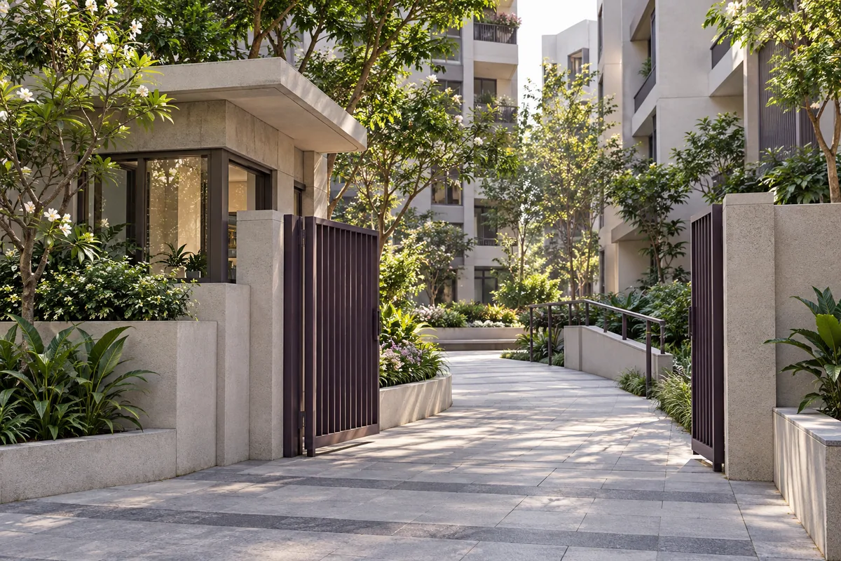A carefully maintained Indian housing society entrance with a gatehouse, planted borders and residential buildings beyond.