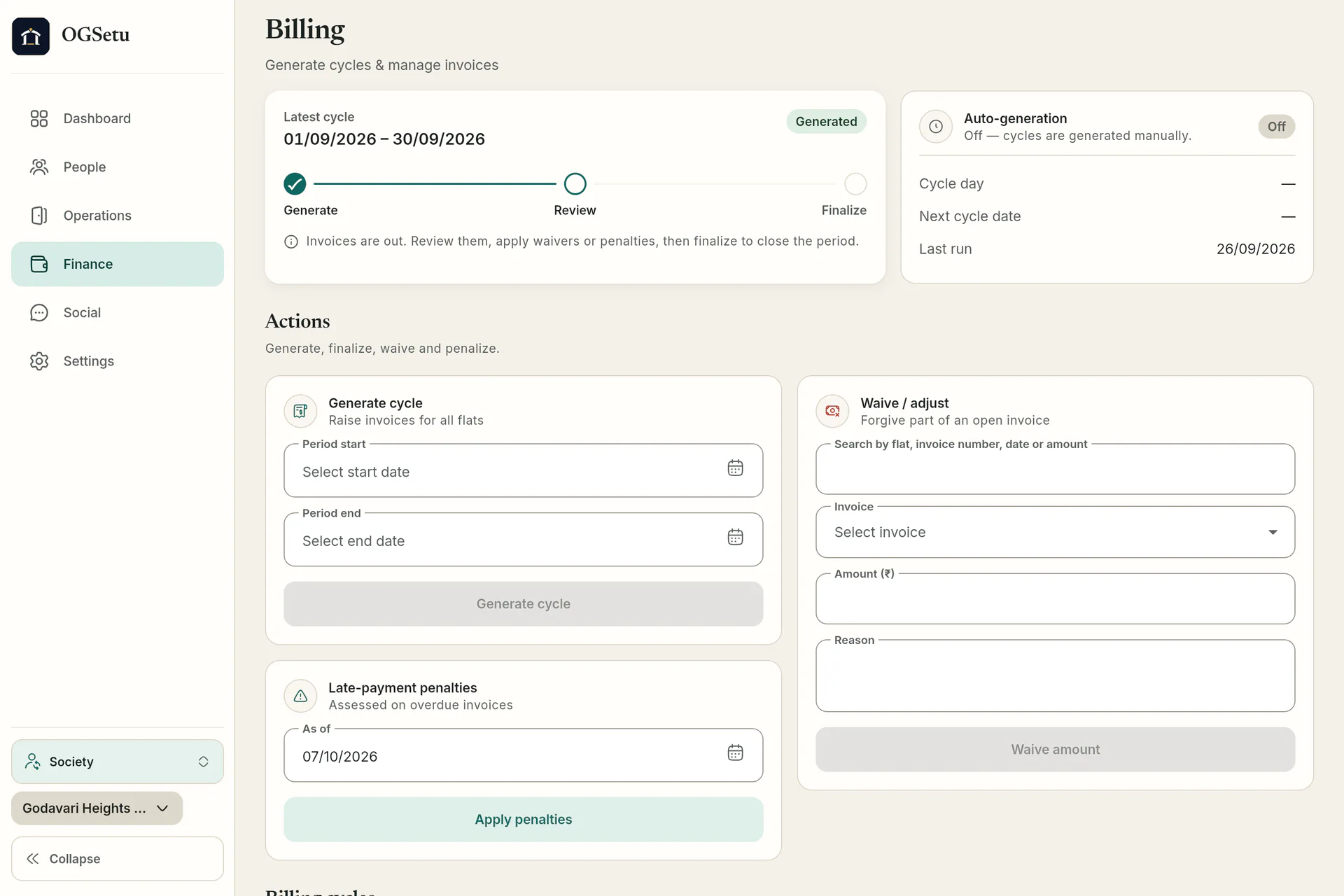 The first billing cycle. Billing cycles move from generate to review to finalize, with waivers, late-payment penalties and auto-generation.