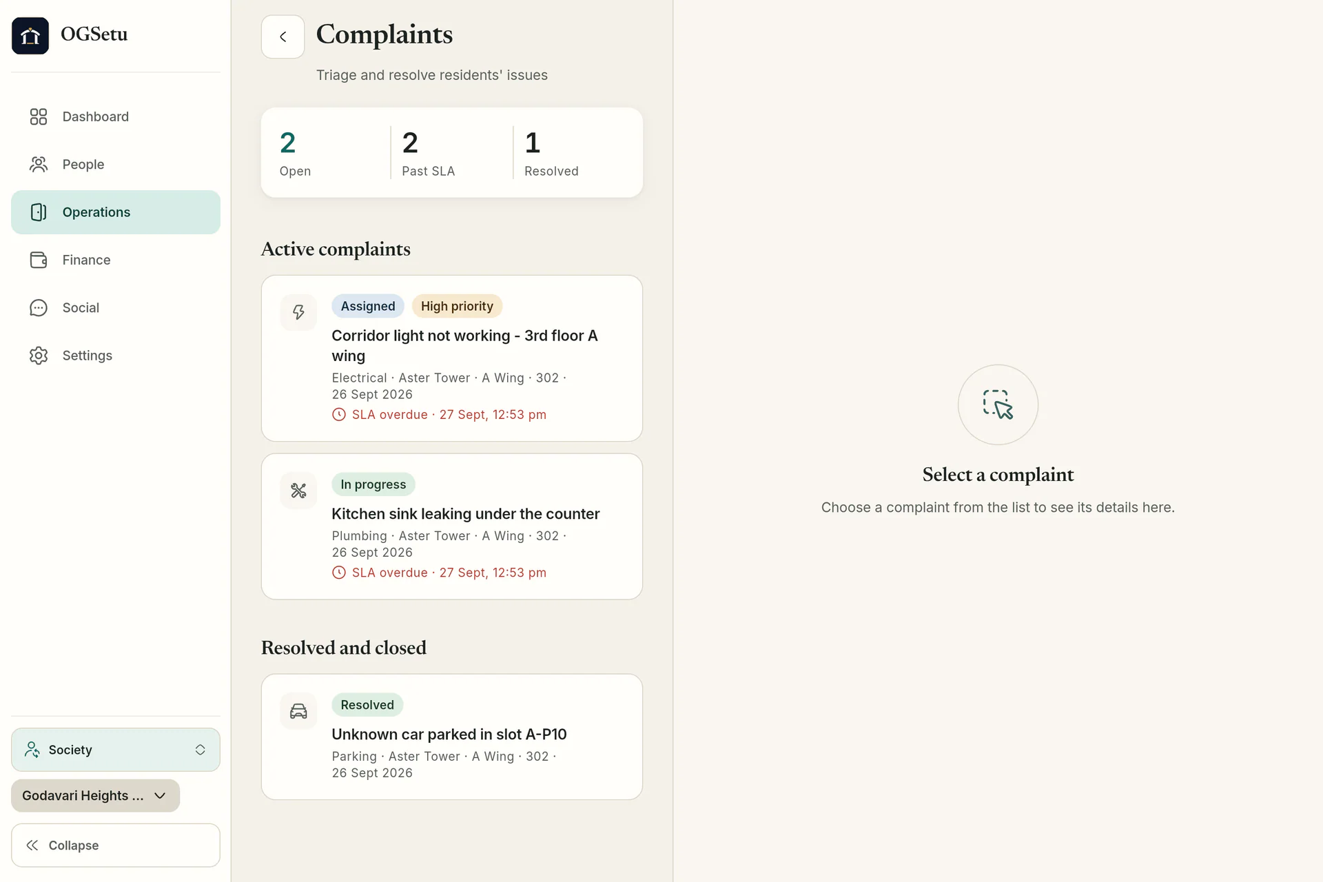 The complaints board. Triage complaints by status, priority and SLA, with a detail pane.