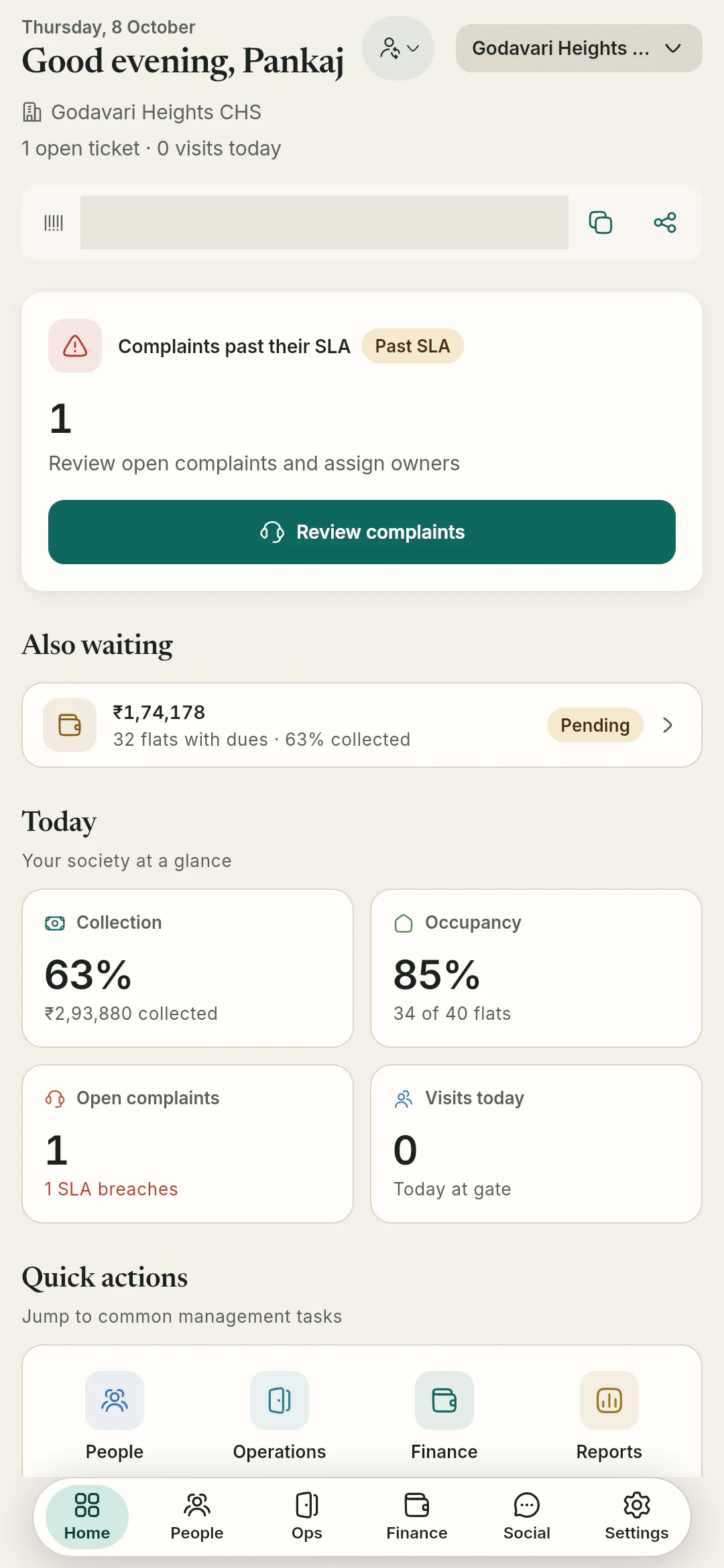 Society home, with its join code. The committee's phone dashboard leads with what needs attention: SLA breaches, outstanding dues and today's numbers.