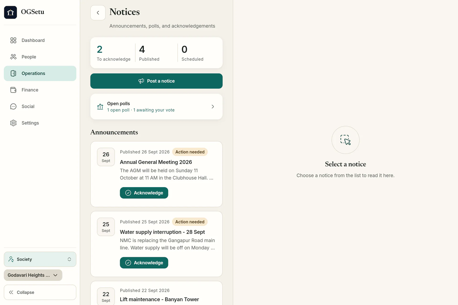Post notices, track acknowledgements and see open polls.