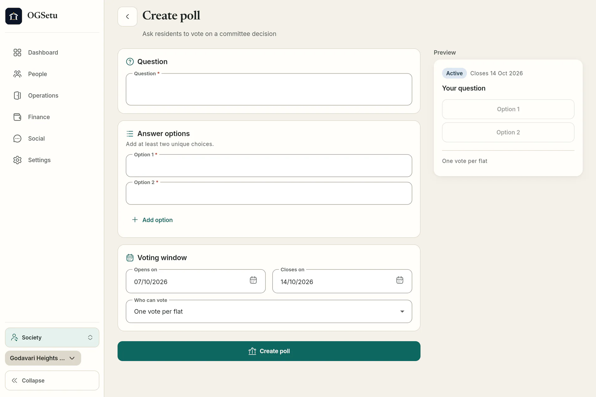 Compose a poll with options, a voting window and one vote per flat, with a live preview.