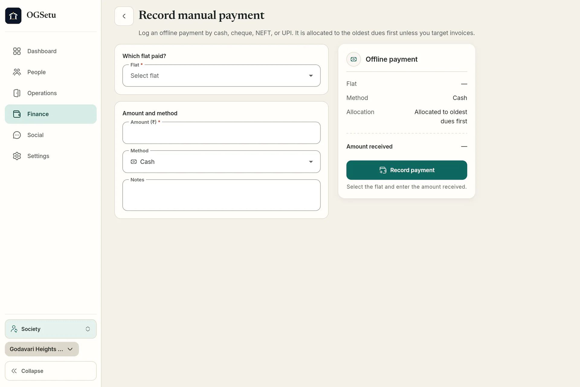 Log cash, cheque, NEFT or UPI payments that are allocated to the oldest dues first.