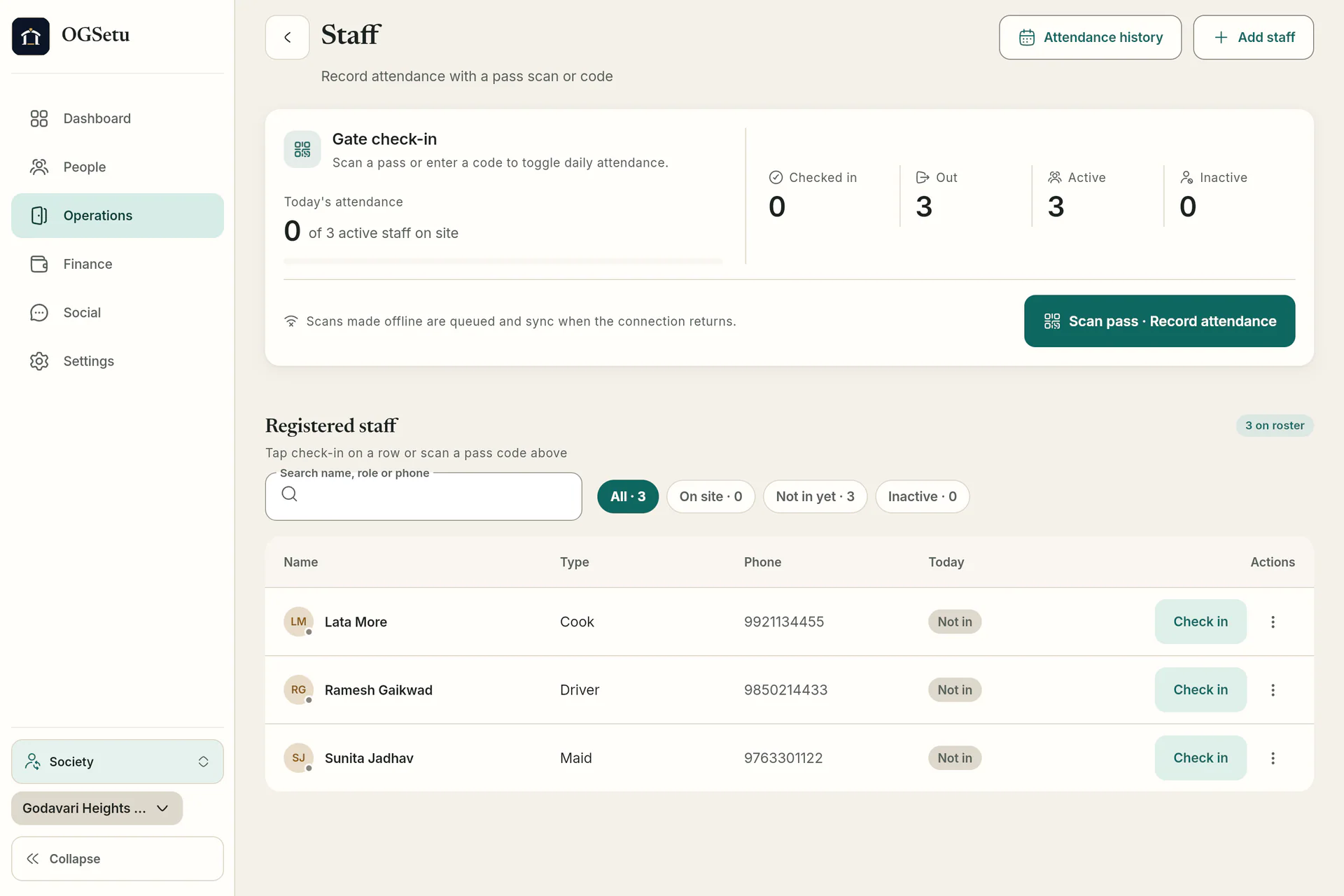 Record staff attendance with a pass scan or code, and manage the staff roster.