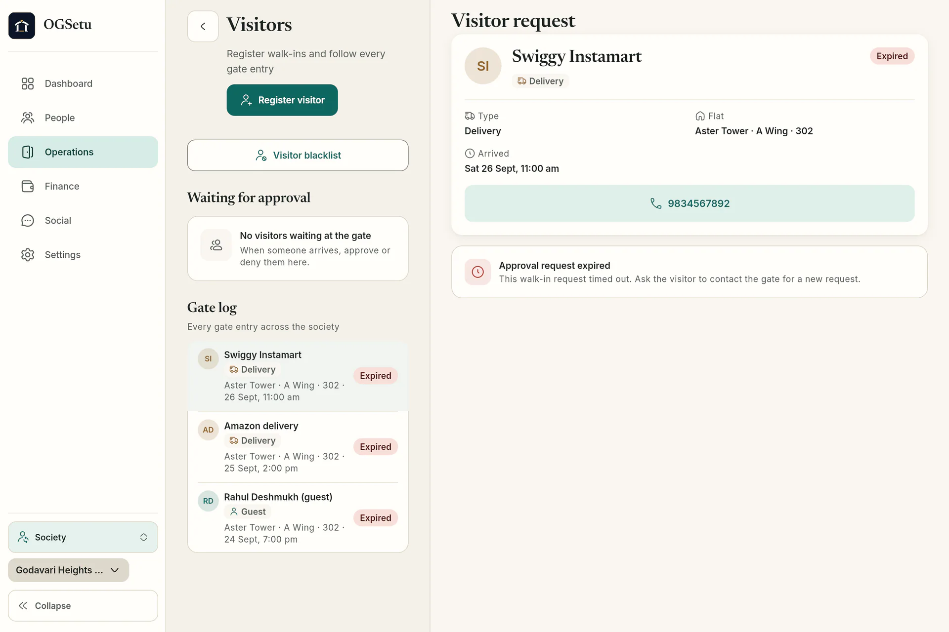 The gate log records every entry across the society, with visitor details alongside.