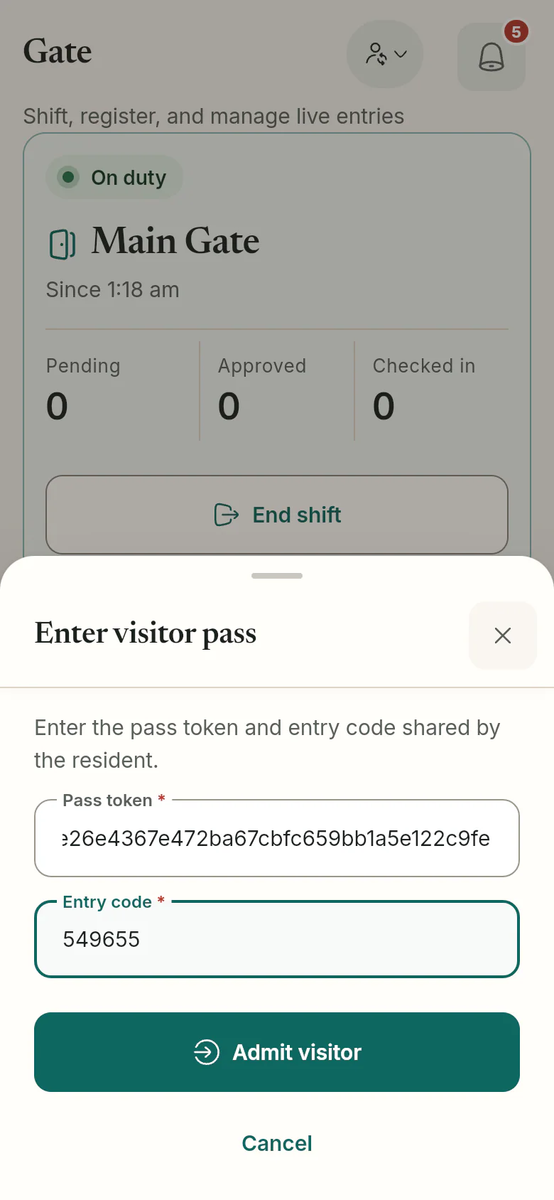 The guard checks it. Guards admit a pre-approved visitor by entering the pass token and the six-digit entry code.
