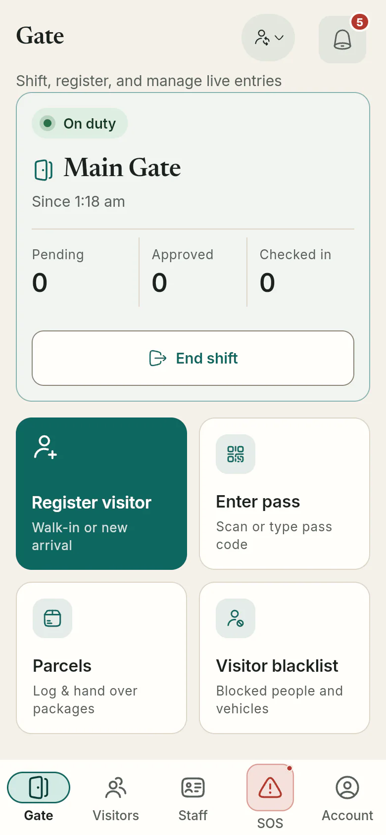 The guard's gate console: on-duty shift at Main Gate, register walk-ins, enter passes, parcels and blacklist.