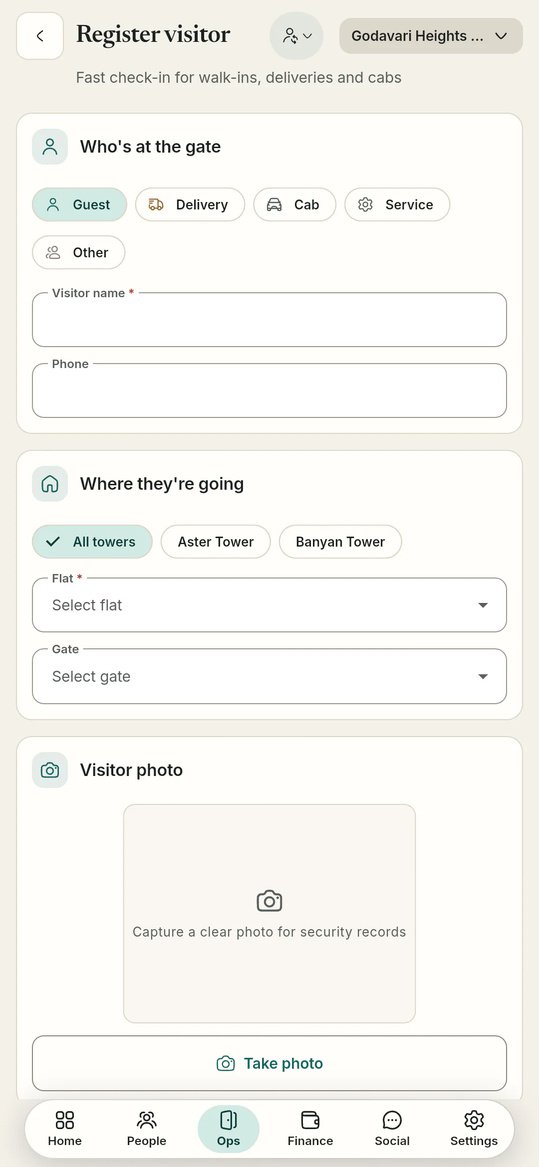 Register a visitor. Fast check-in for guests, deliveries, cabs and service visits.
