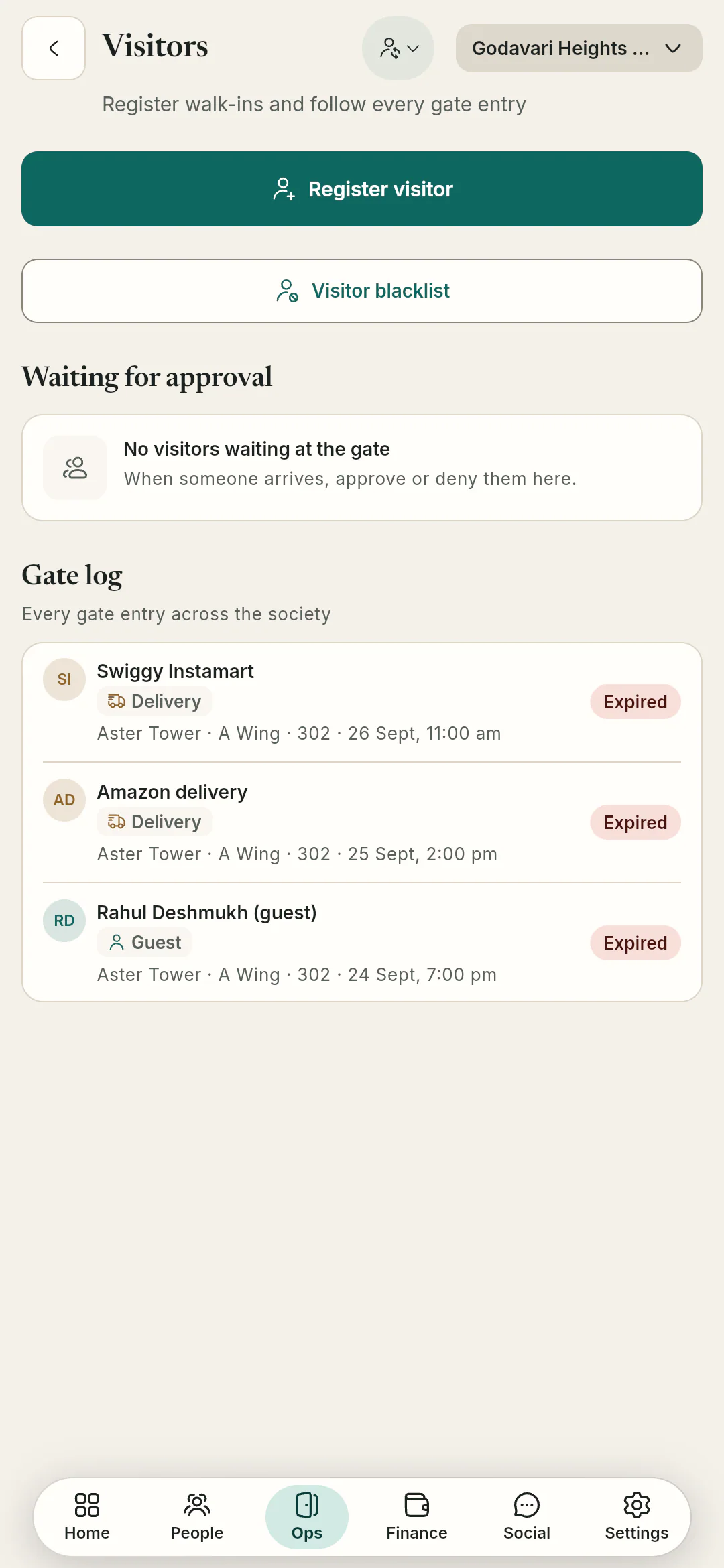 Gate log. Guards register, verify passes, run patrol rounds and search recent entries.