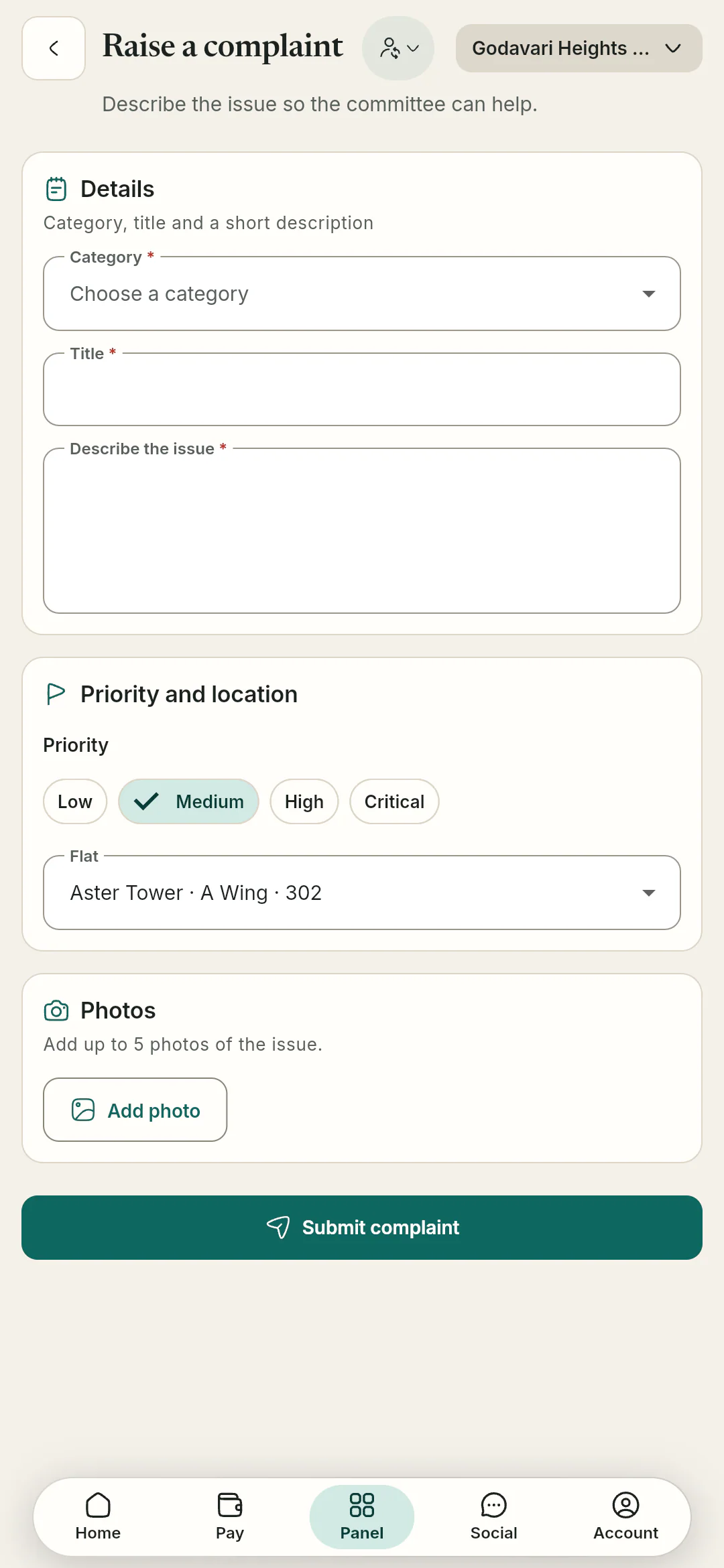 Raising a complaint takes a category, title, description, priority and the flat or common area.