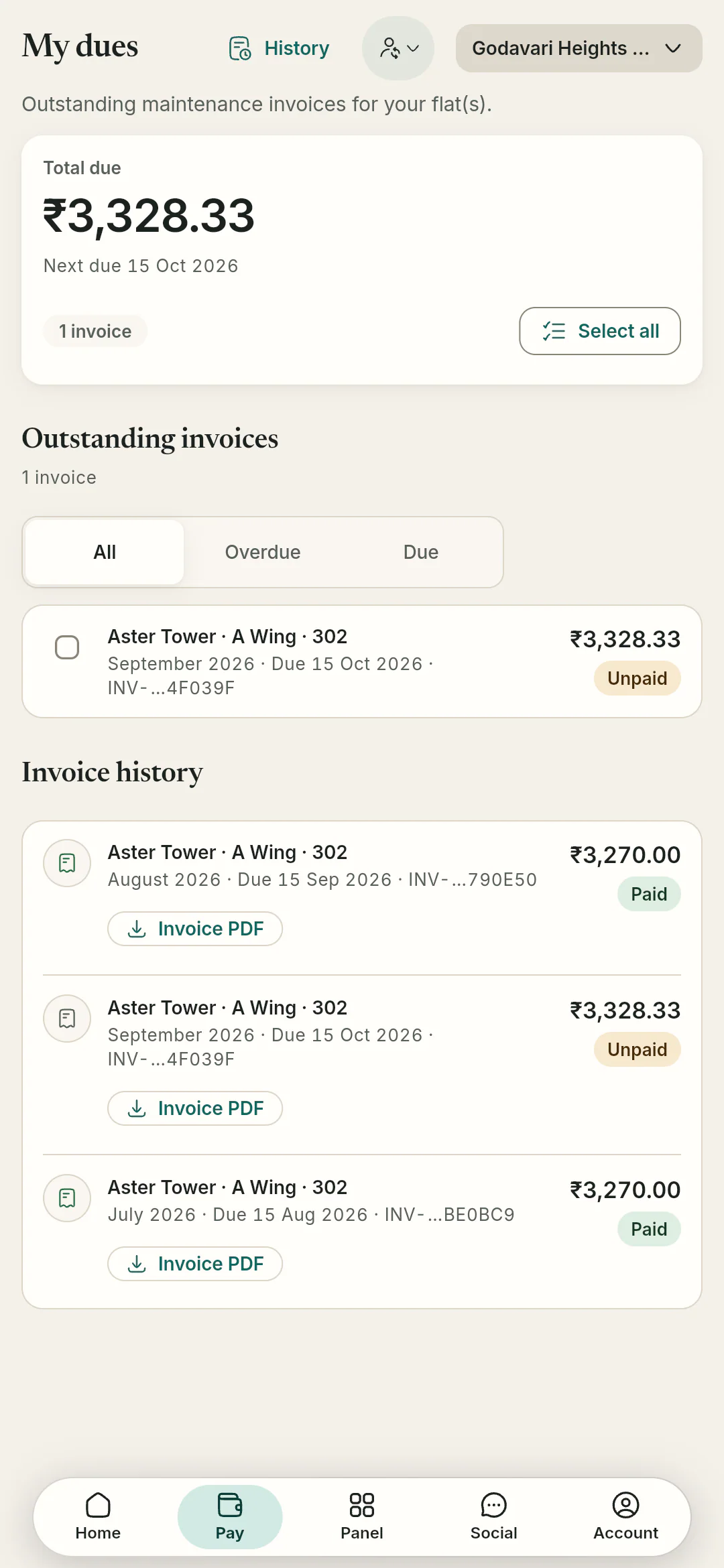 Outstanding maintenance invoices for the flat, with a total due, filters and full invoice history with PDFs.
