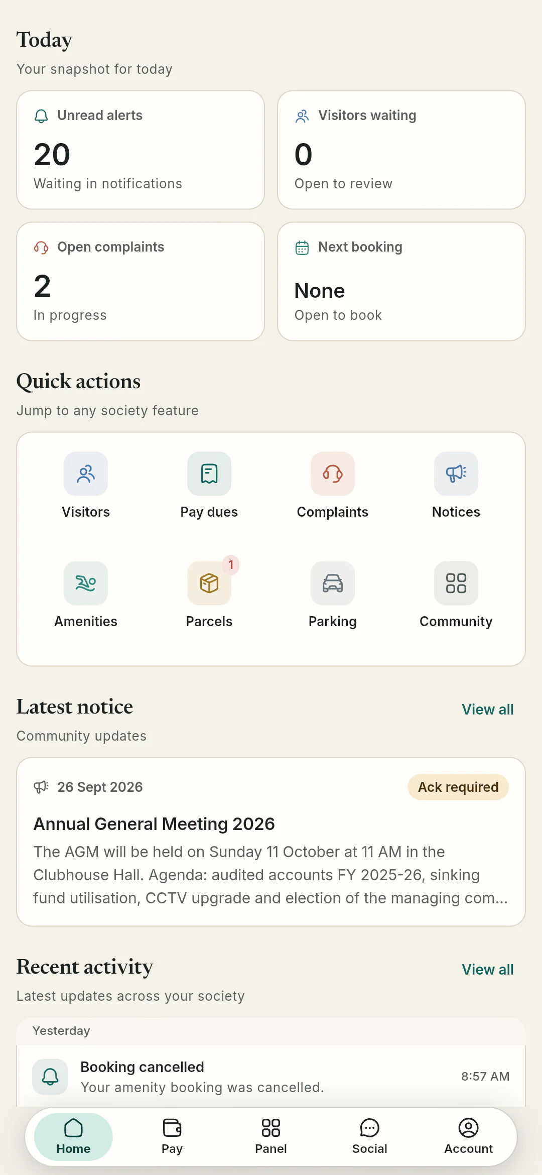 Quick actions. Quick actions jump straight to visitors, dues, complaints, notices, amenities, parcels, parking and community.
