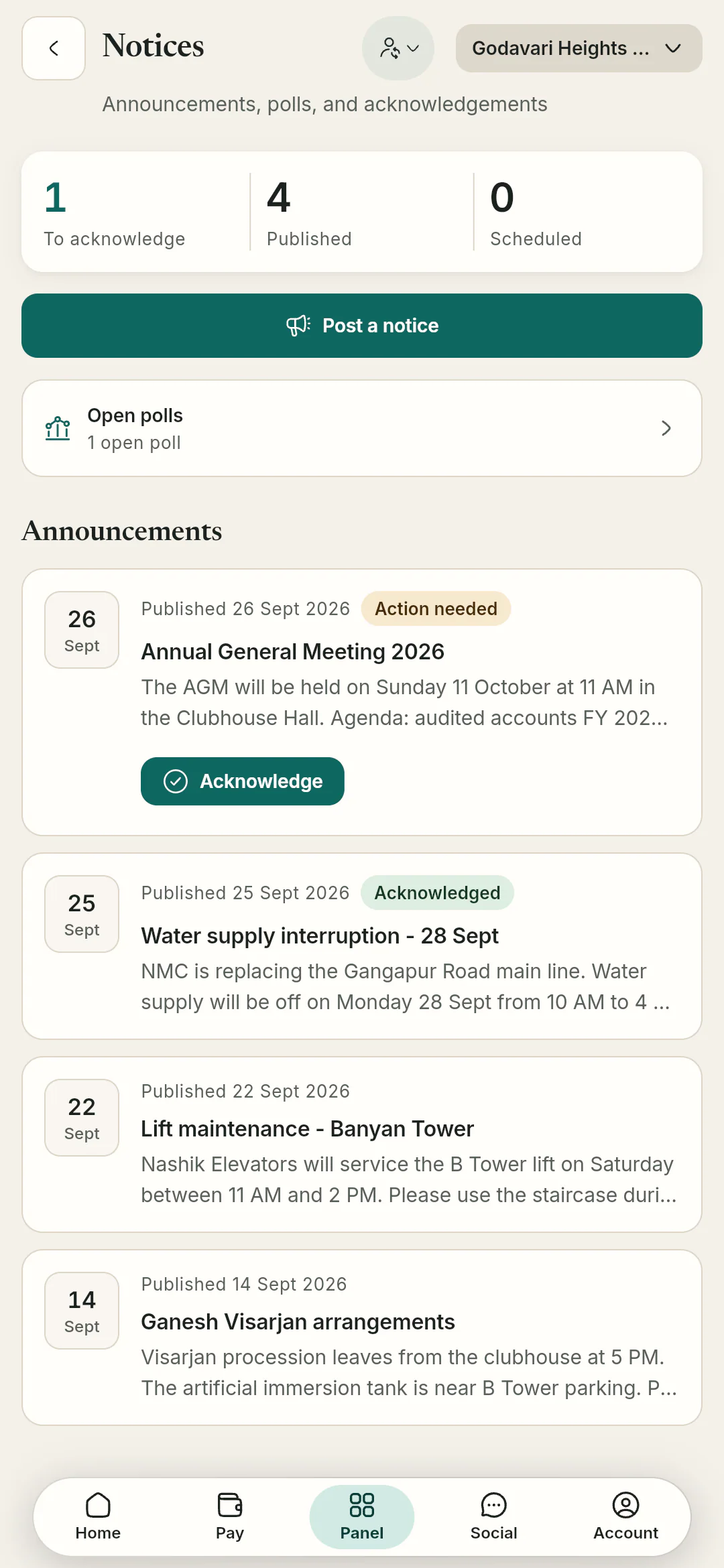 The notice board. Society announcements with read-and-acknowledge tracking and open polls in one feed.