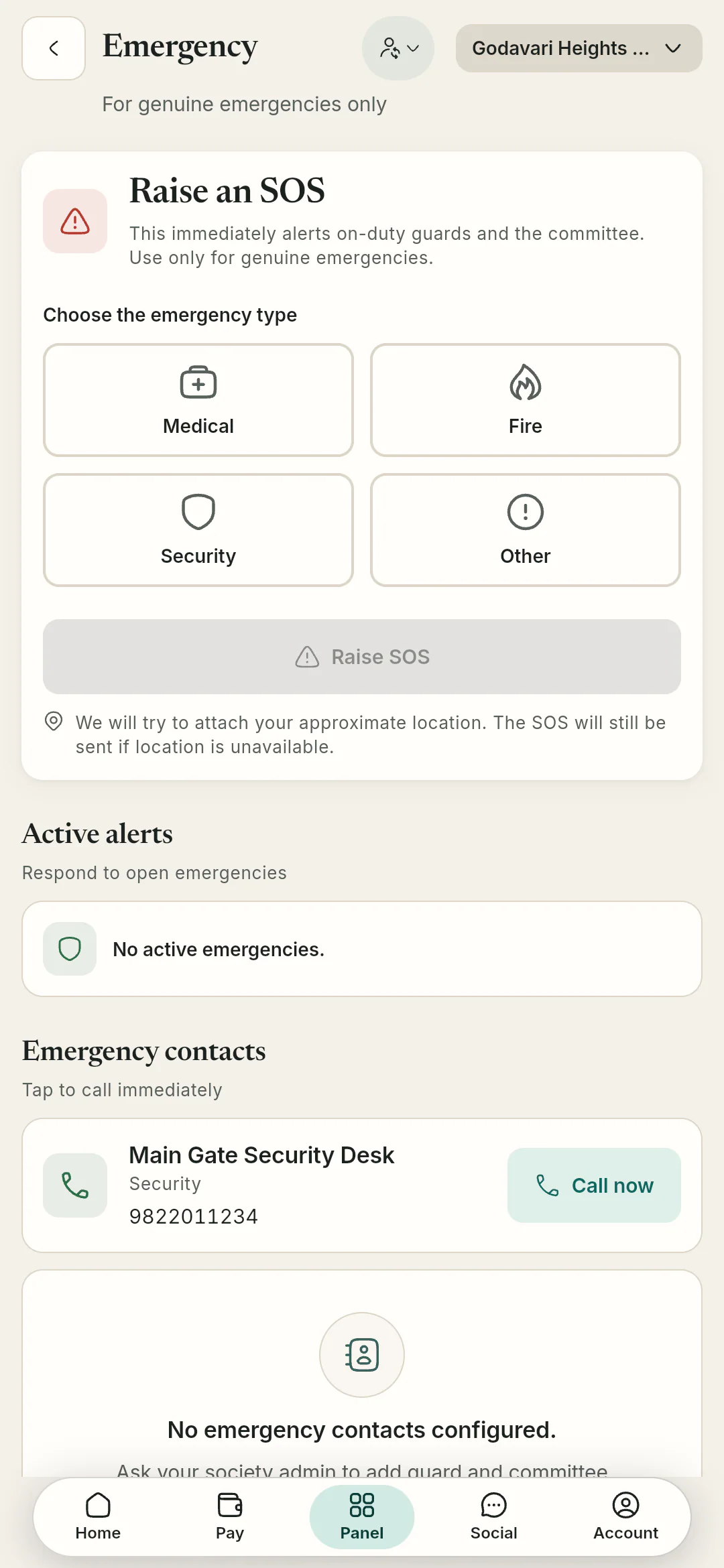 Alerts reach the gate. One-tap SOS by emergency type alerts on-duty guards and the committee, with emergency contacts below.