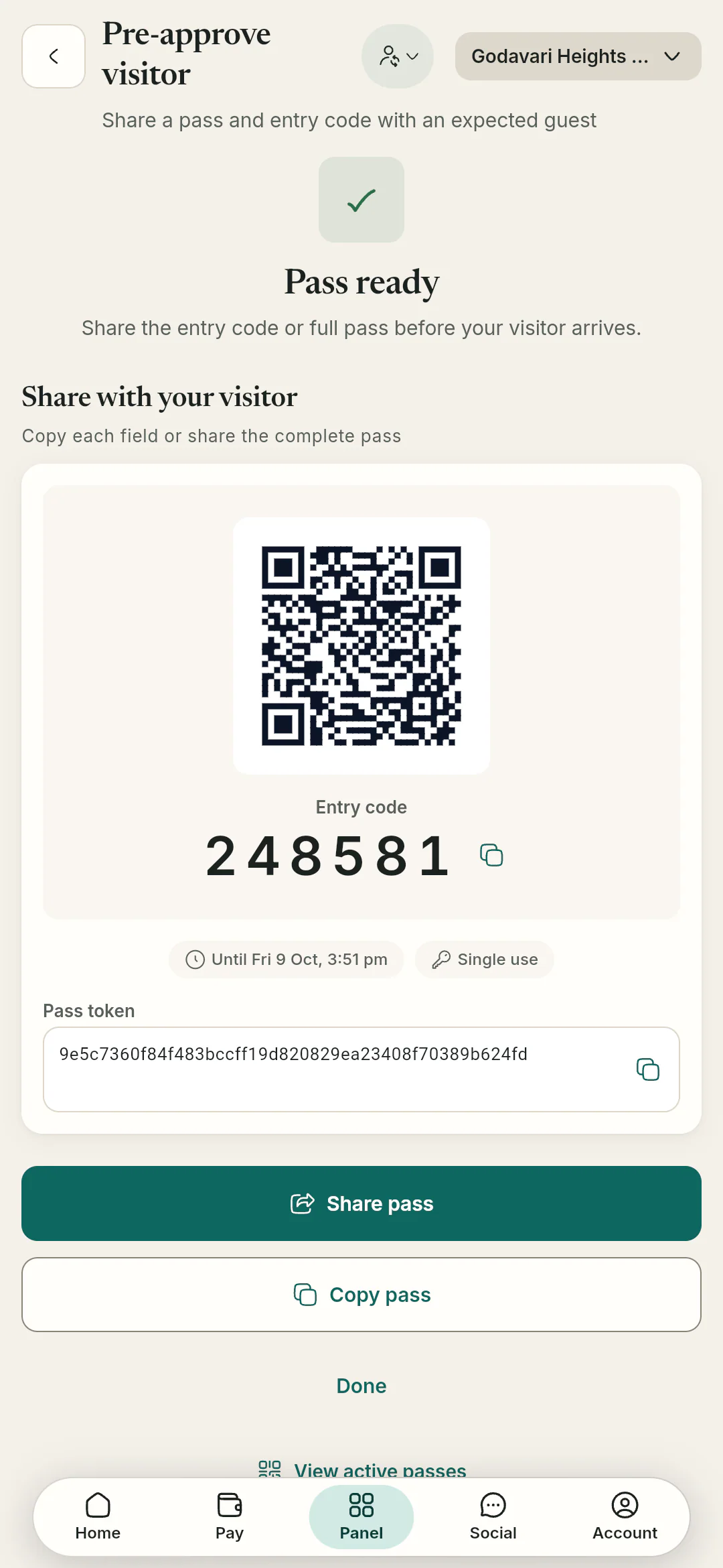 A pass, shared ahead. A generated visitor pass with a QR code and a six-digit entry code the resident can share.