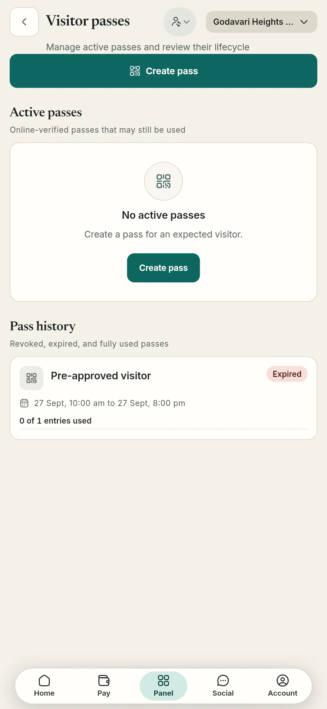 Passes and the gate. Active passes can be re-shared or revoked, and pass history shows used and expired passes.