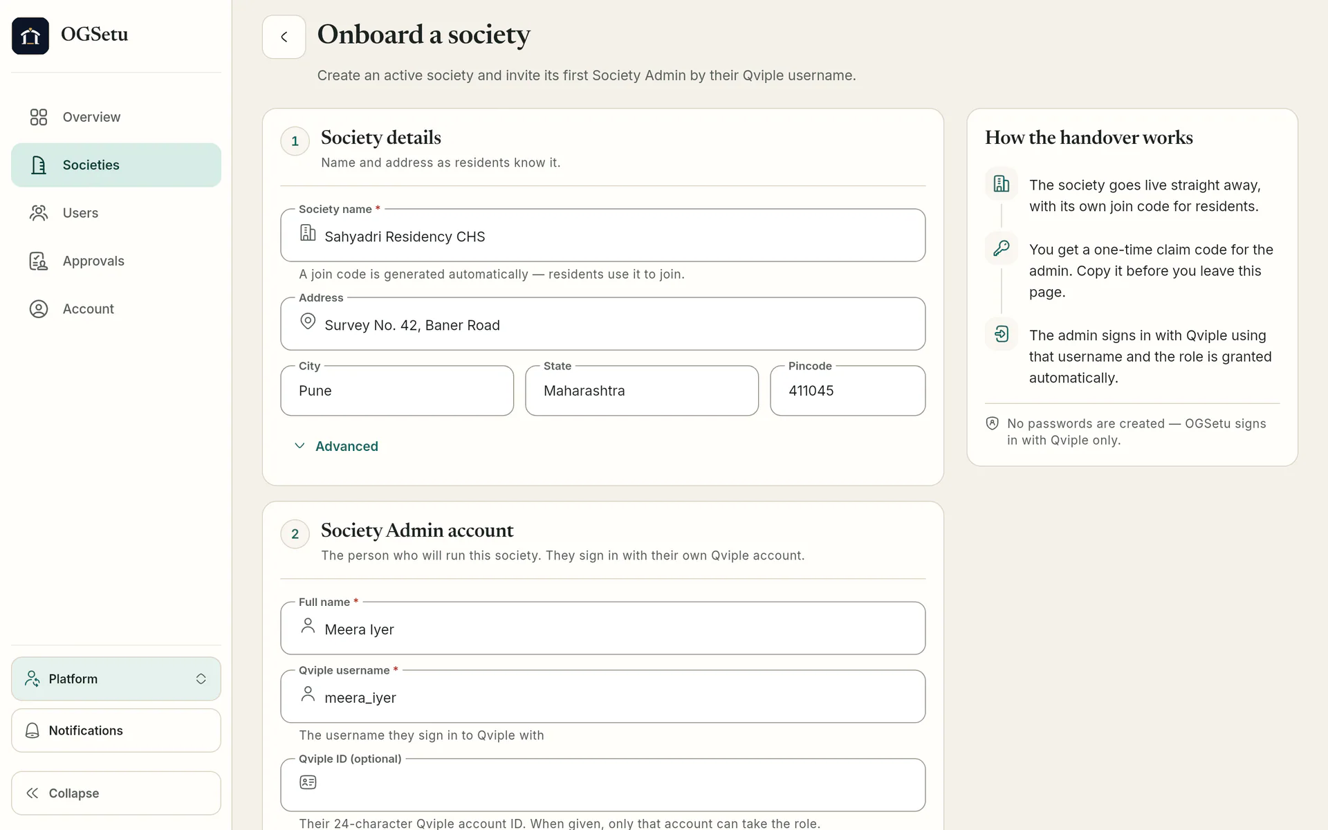 We create the society. Onboarding form filled in for a new society and its admin, with how the handover works alongside.
